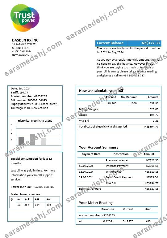 New Zealand Trustpower business utility bill template in Word and PDF formats